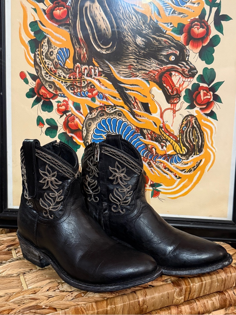 Old Gringo Mexicana Black Leather Floral Embroidered Cowboy Boots 8.5